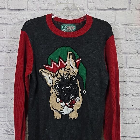 Ugly Christmas Sweater French Bull Dog Elf Pullover Motion LED Light Knit Unisex - Picture 2 of 10